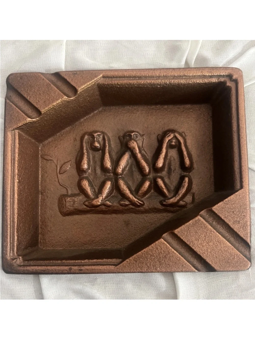 Vintage Cast Iron Copper Plated Ashtray / Bottle Opener w/box - 3 Wise Monkeys